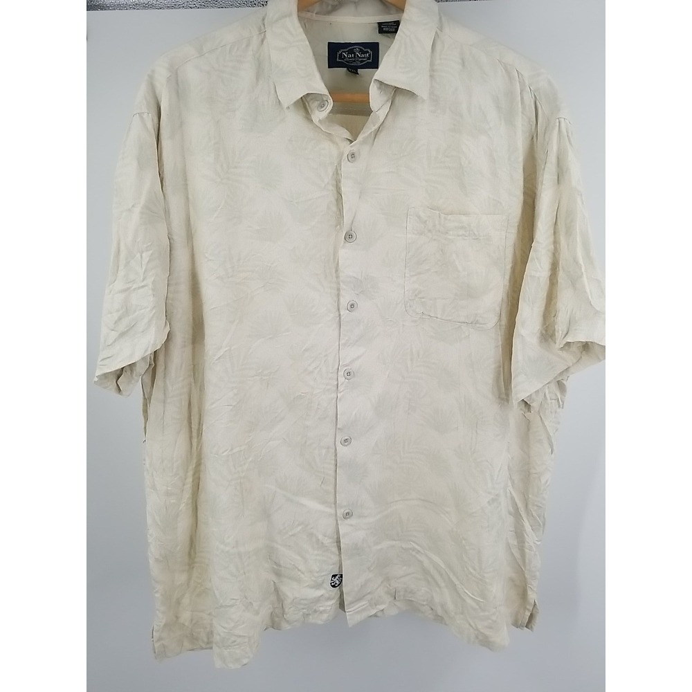Nat Nast Men Short Sleeve Silk Cotton‎ Hawaiian Button Up Shirt Cream XXL 2XL
